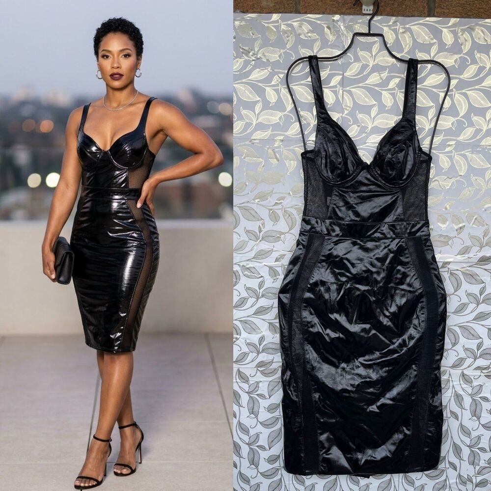 House of CB XS Black Vinyl Sheer Mesh Panel Bustier Midi Bodycon